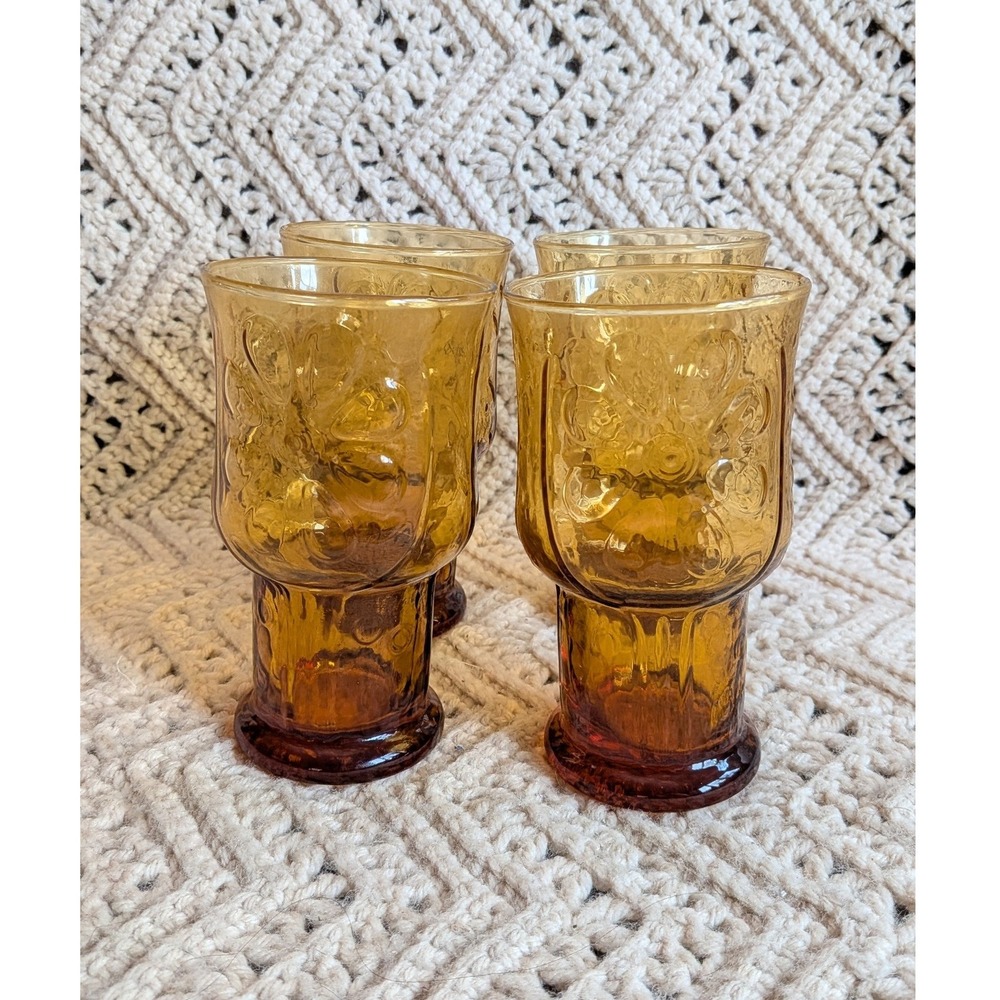 Libbey Country Garden Amber Glass Tumblers Set of 4 Floral Footed Glasses 6 inch